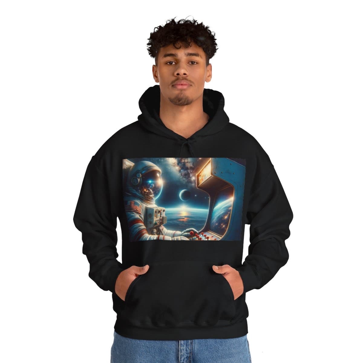 A hoodie with a printed image of: An astronaut playing on an old arcade game in space.