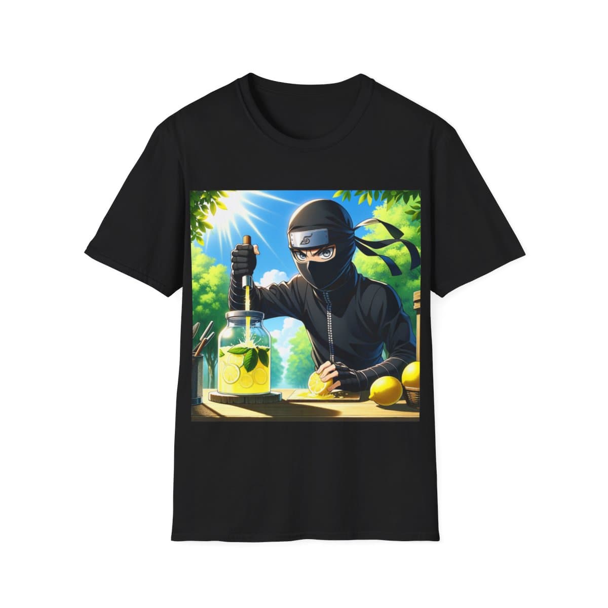A T shirt with a printed image of: In this style: Anime. In this location: Outdoors. A ninja making lemonade